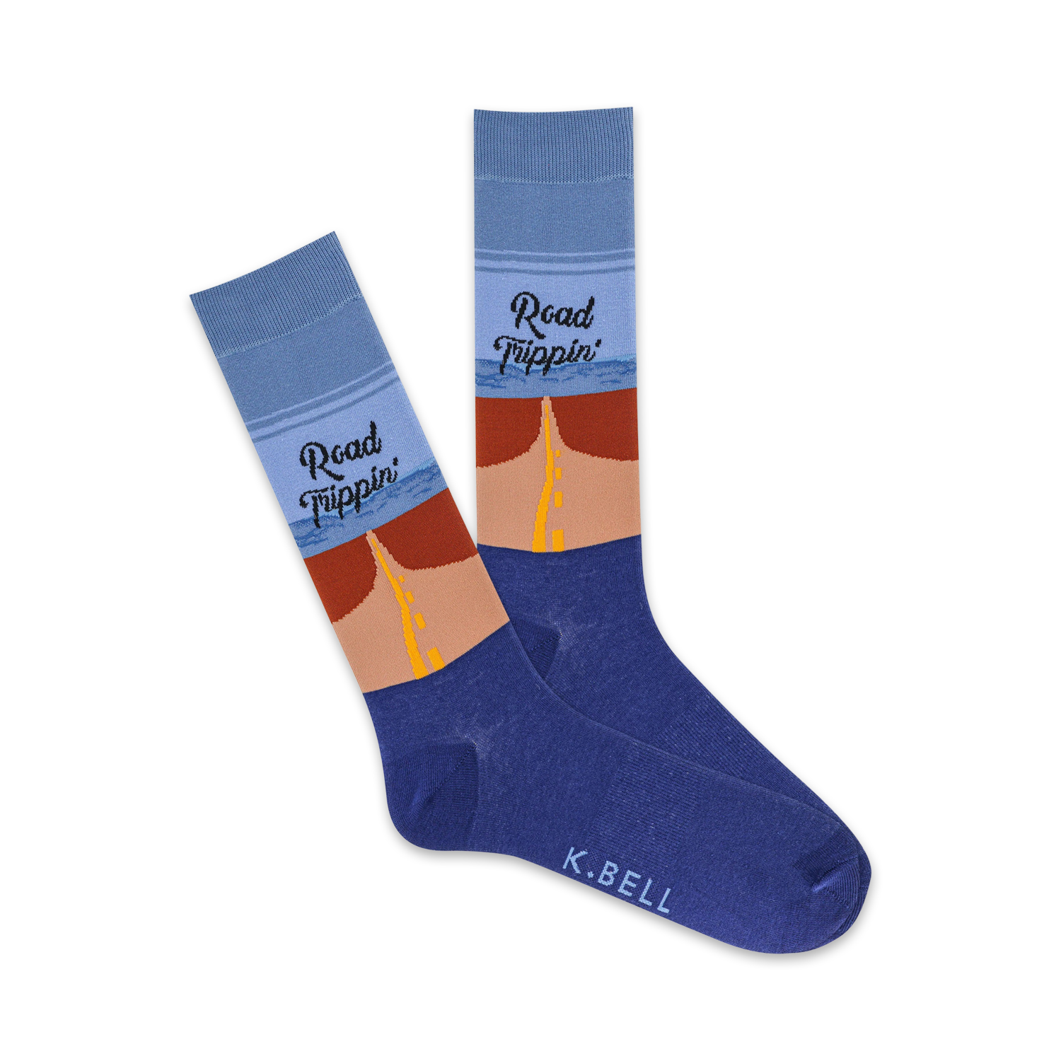 Crew socks in blue, tan, and orange, depicting a highway scene and the text 'Road Trippin'.
