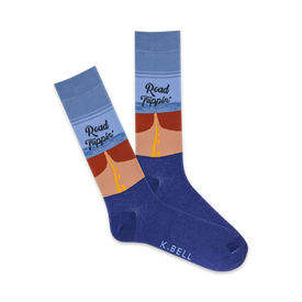 blue crew socks with "road trippin'" and a retro sunset. reinforced toe and heel. mens.  