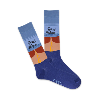 blue crew socks with "road trippin'" and a retro sunset. reinforced toe and heel. mens.  