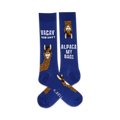 Pair of crew socks, blue with brown alpaca illustrations.  One sock says 'Vacay you say?' and the other says 'Alpaca My Bags'.