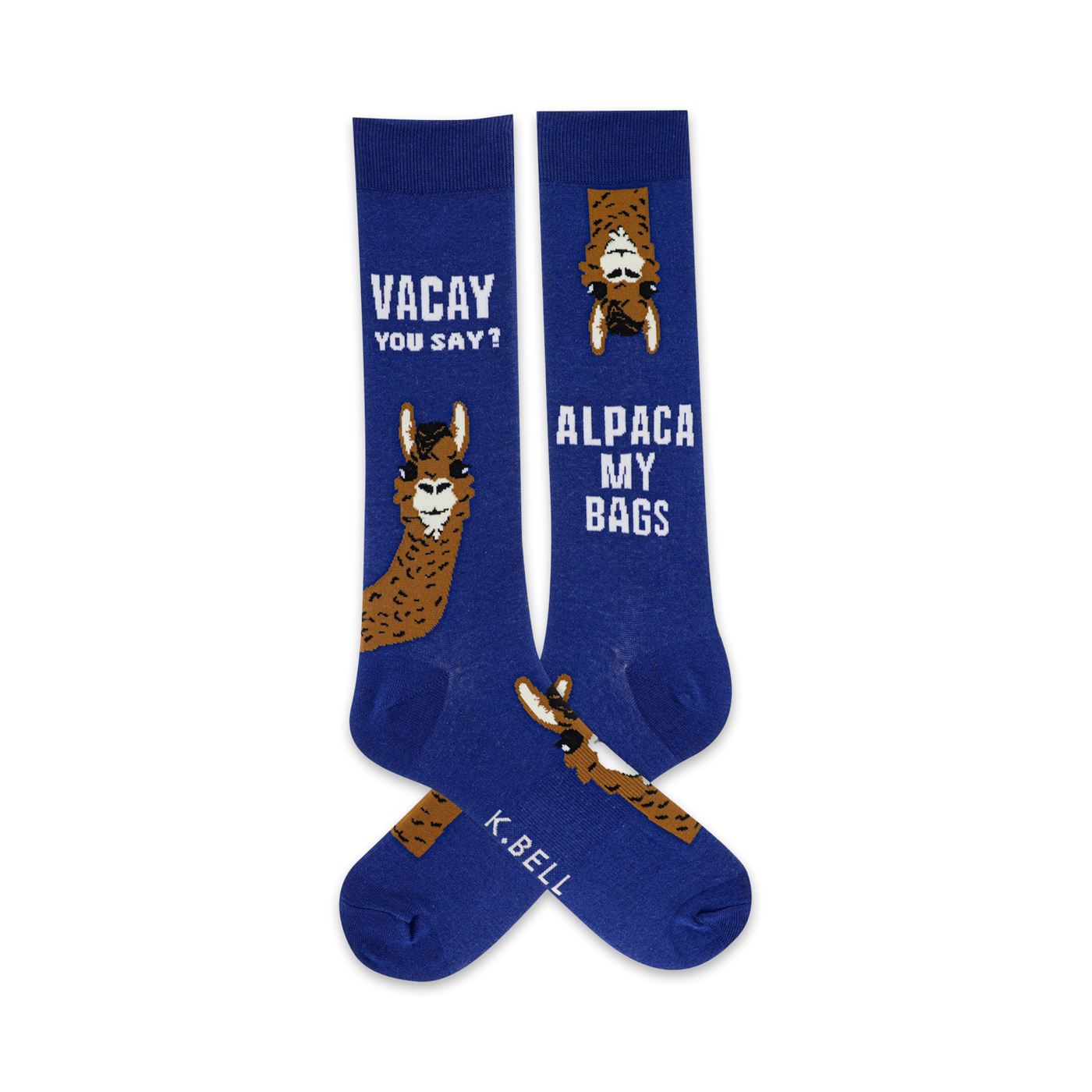 Pair of crew socks, blue with brown alpaca illustrations.  One sock says 'Vacay you say?' and the other says 'Alpaca My Bags'.