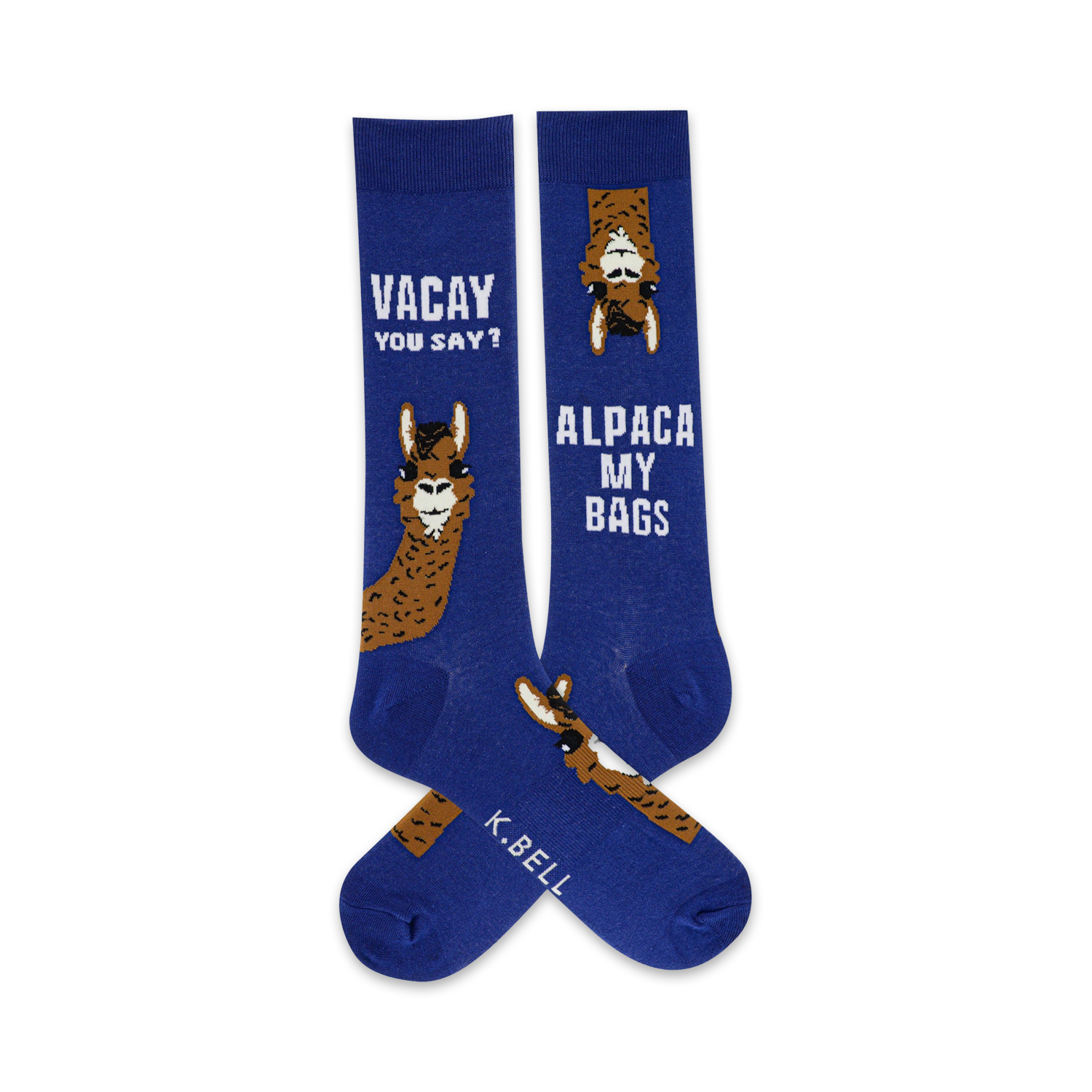 Pair of crew socks, blue with brown alpaca illustrations.  One sock says 'Vacay you say?' and the other says 'Alpaca My Bags'.