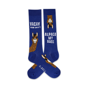 blue novelty crew socks with brown llama, "alpaca my bags" and "vacay you say?" text  