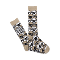 Tan crew socks covered in a repeating pattern of black and white grumpy sheep faces.  One sock features a speech bubble saying 'Herd Ewe Was Talkin' Smaaack!'