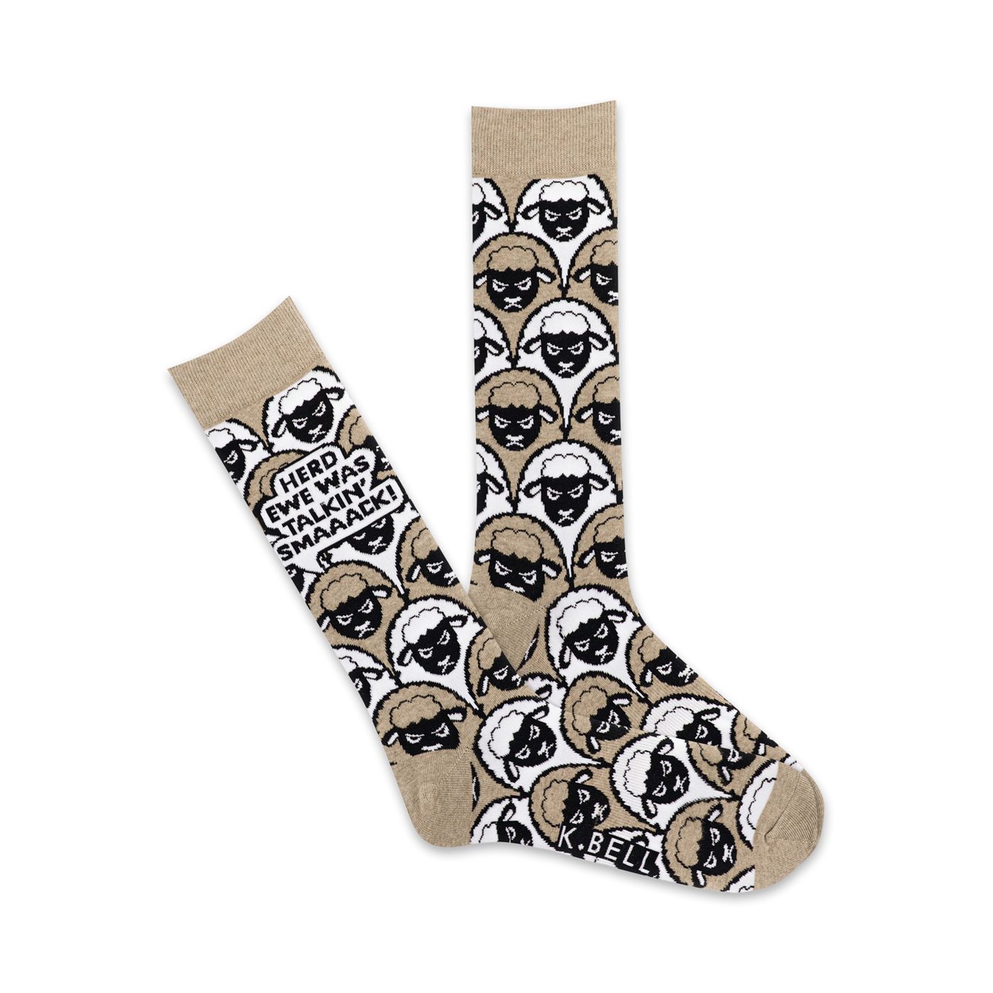 Tan crew socks covered in a repeating pattern of black and white grumpy sheep faces.  One sock features a speech bubble saying 'Herd Ewe Was Talkin' Smaaack!'