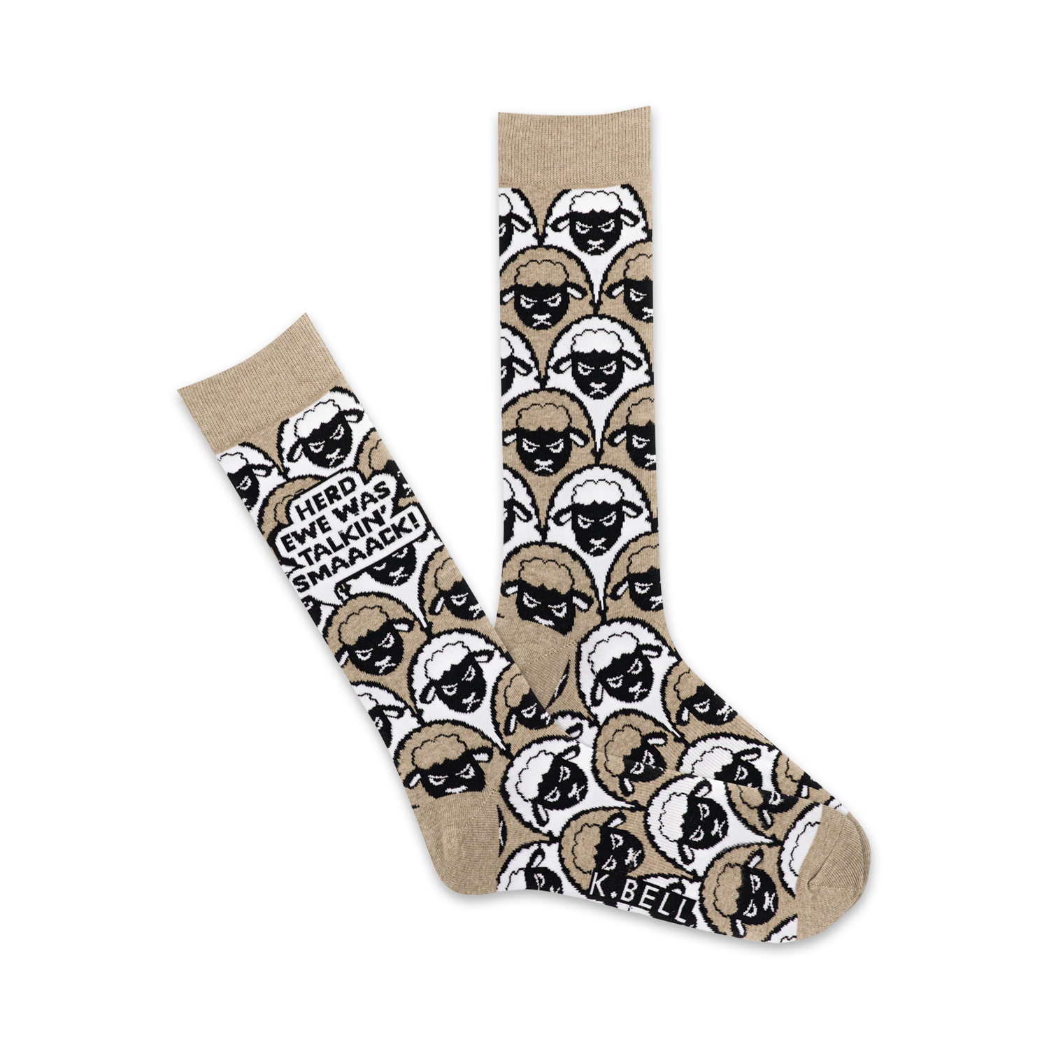 Tan crew socks covered in a repeating pattern of black and white grumpy sheep faces.  One sock features a speech bubble saying 'Herd Ewe Was Talkin' Smaaack!'