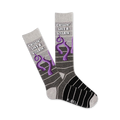 Pair of gray and black crew socks with purple octopus design and 'Chillin' Like a Villain' text.
