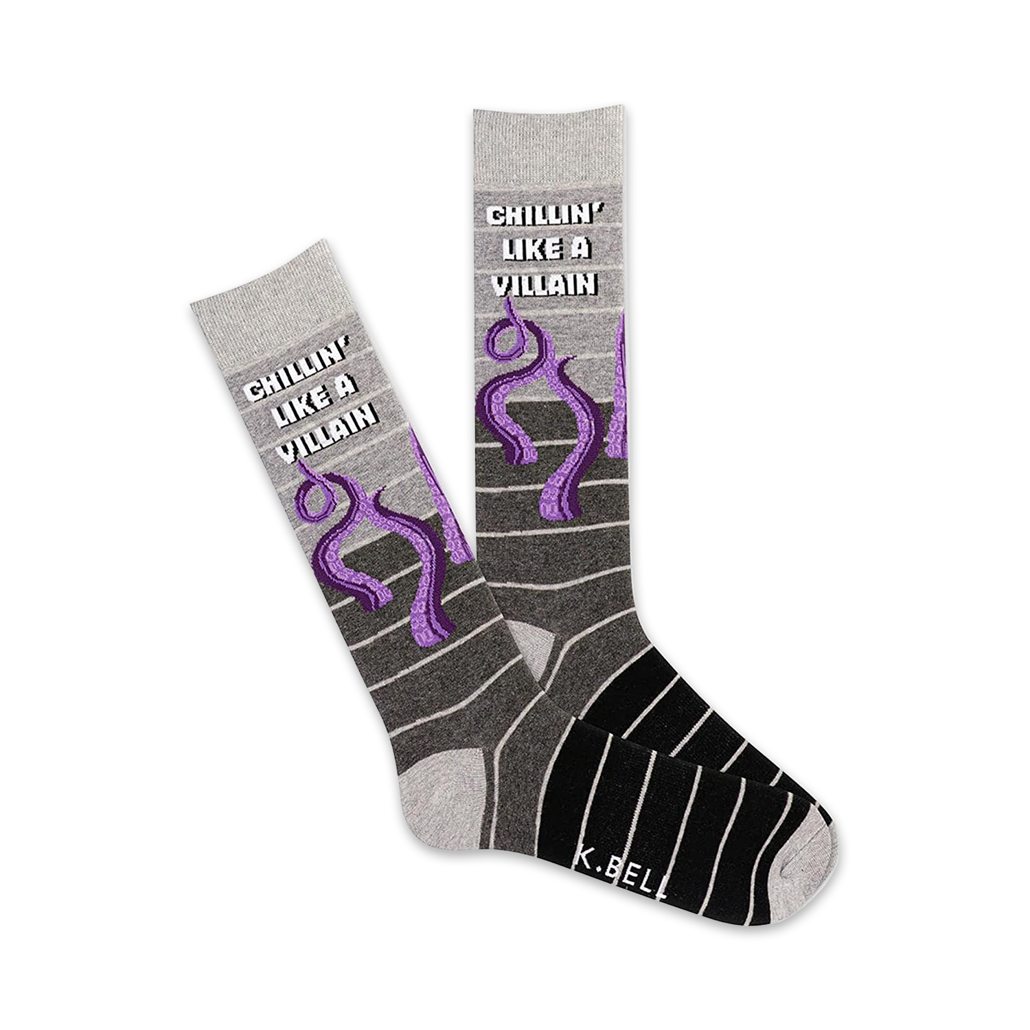 Pair of gray and black crew socks with purple octopus design and 'Chillin' Like a Villain' text.