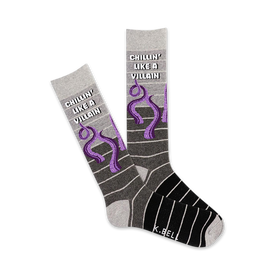 gray men's stripy socks with purple octopus graphic and 'chillin' like a villain' text.   
