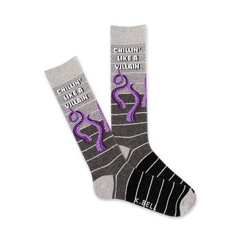 gray men's stripy socks with purple octopus graphic and 'chillin' like a villain' text.   