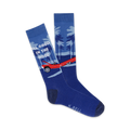 Pair of blue crew socks. Features a red vintage car, palm trees, and the phrase 'All Good in the Hood'.