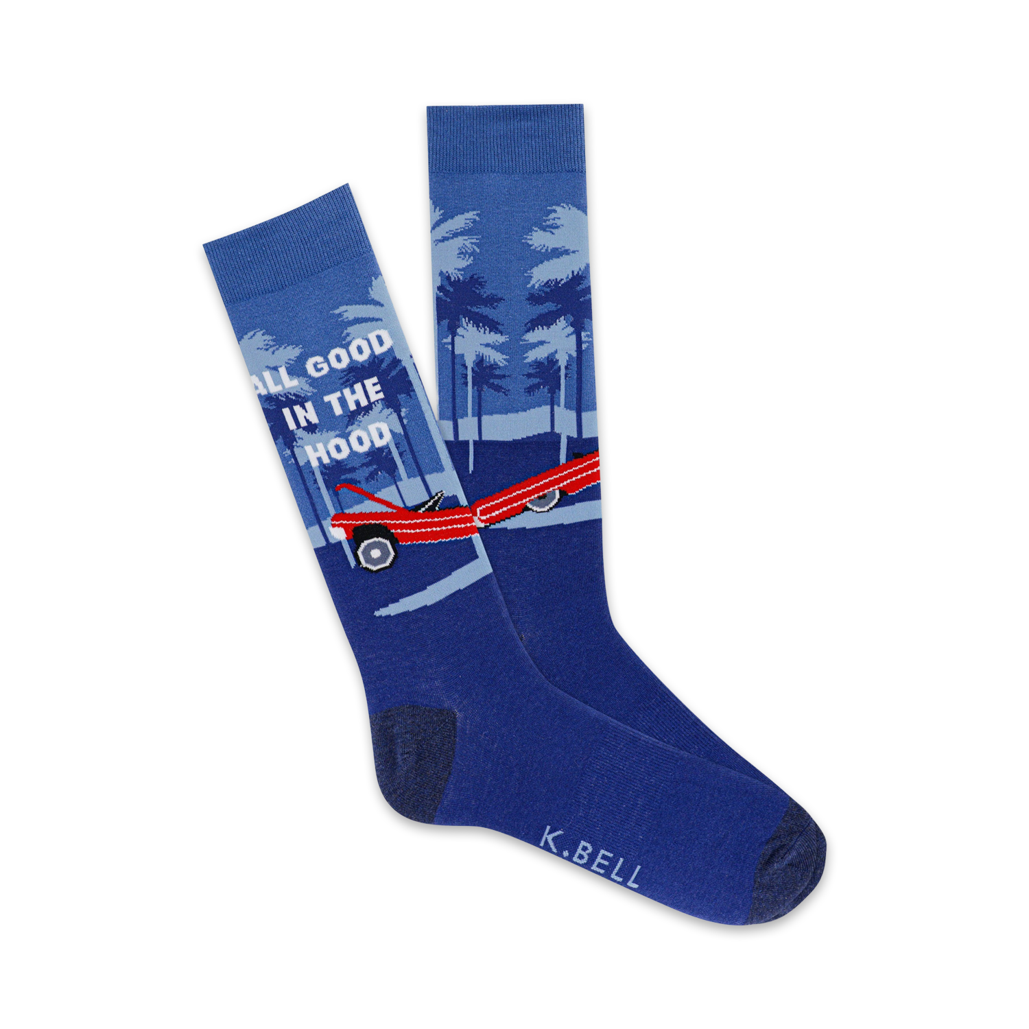 Pair of blue crew socks. Features a red vintage car, palm trees, and the phrase 'All Good in the Hood'.
