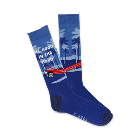 mens blue crew socks with red lowrider car, palm trees, and "all good in the hood" text.  