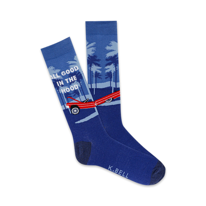 mens blue crew socks with red lowrider car, palm trees, and 