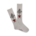 A pair of grey crew socks with a red grill and the text 'This Guy Grills Stuff'.