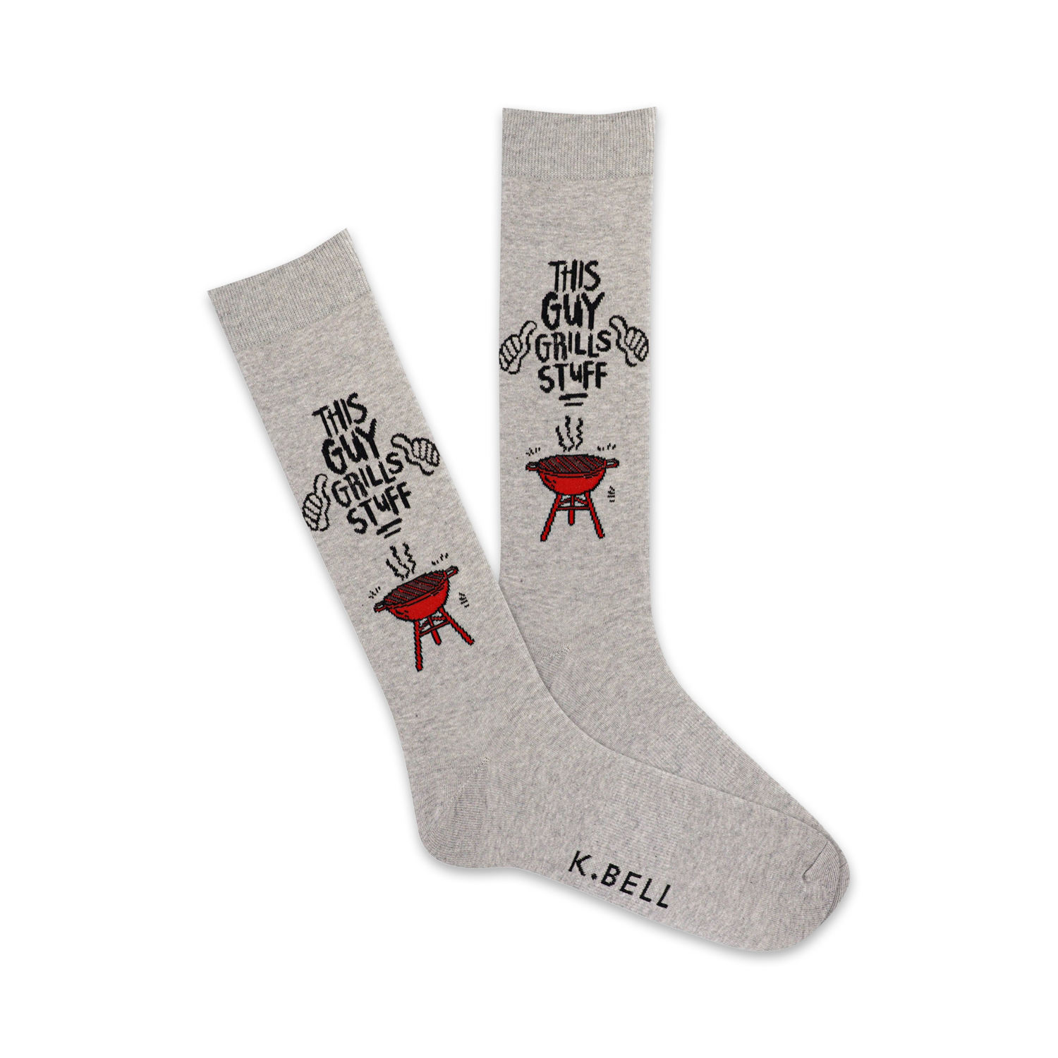 A pair of grey crew socks with a red grill and the text 'This Guy Grills Stuff'.