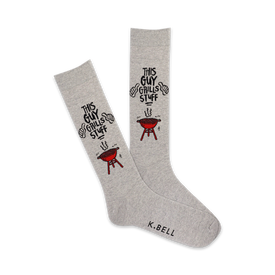 gray crew socks with flaming red grill pattern, "this guy grills stuff" text.   