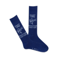 Pair of navy blue crew socks with a light grey design of a bass fish and the text 'Part Time Master Baiter'.
