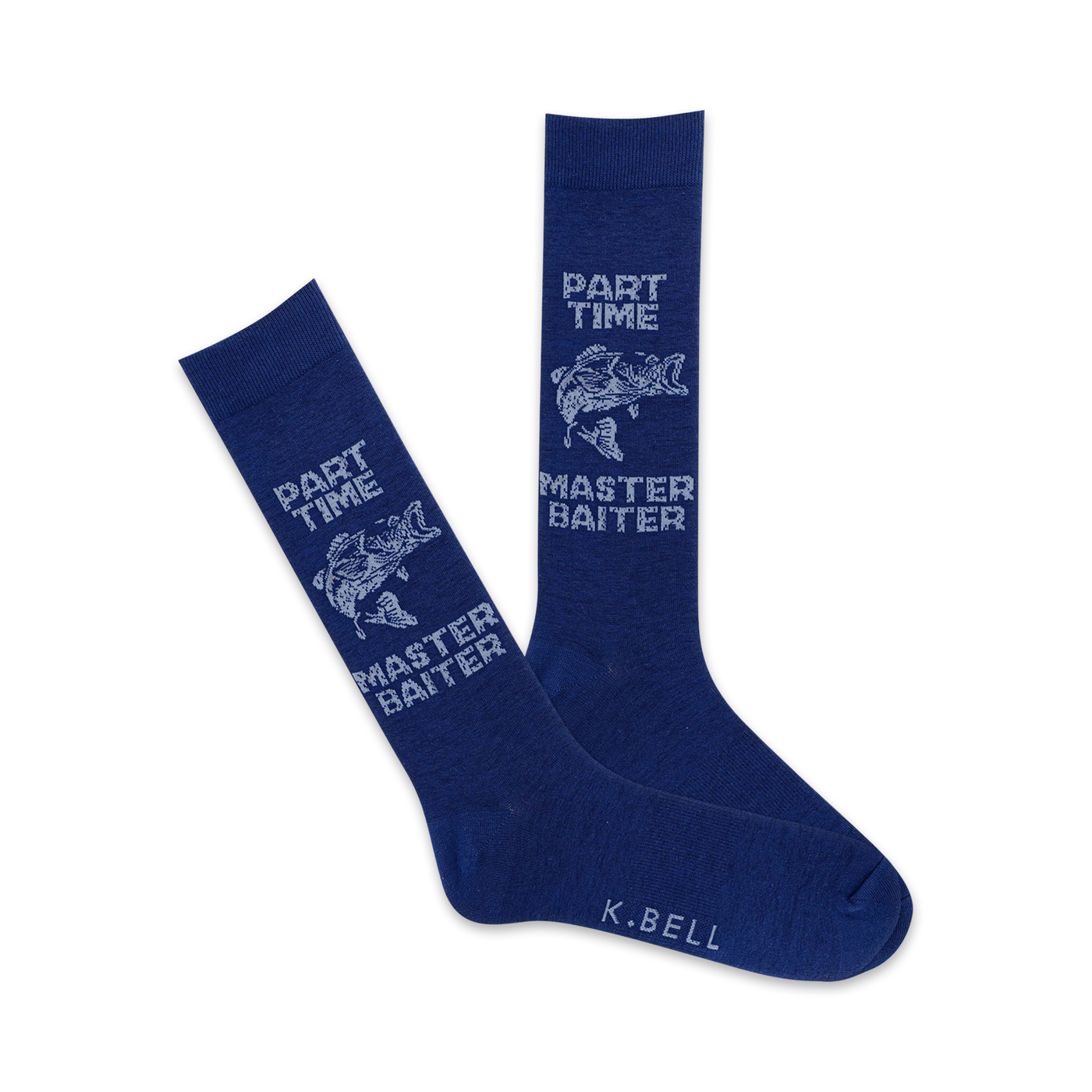 Pair of navy blue crew socks with a light grey design of a bass fish and the text 'Part Time Master Baiter'.