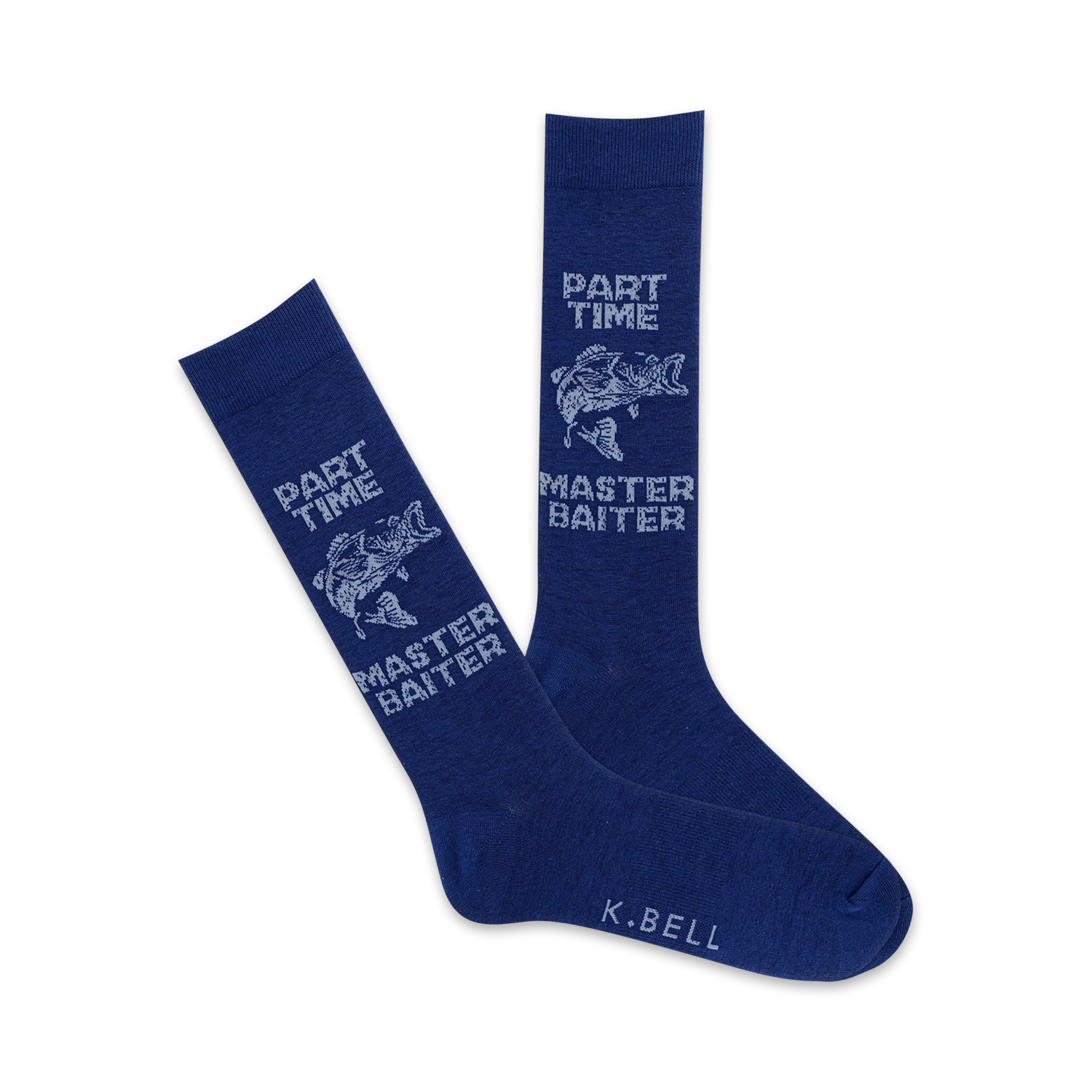 Pair of navy blue crew socks with a light grey design of a bass fish and the text 'Part Time Master Baiter'.
