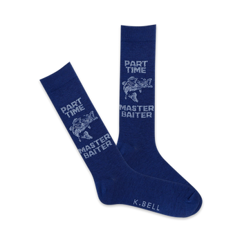 mens blue crew socks with "part time master baiter" text and fish graphic design - fishing theme   