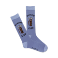 Pair of periwinkle blue crew socks with a brown golf bag and clubs graphic and 'Swingers Club' text.