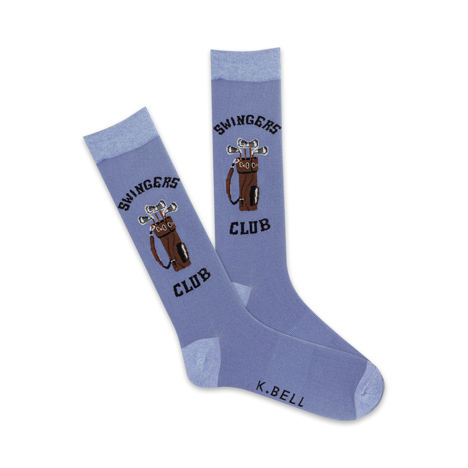 Pair of periwinkle blue crew socks with a brown golf bag and clubs graphic and 'Swingers Club' text.