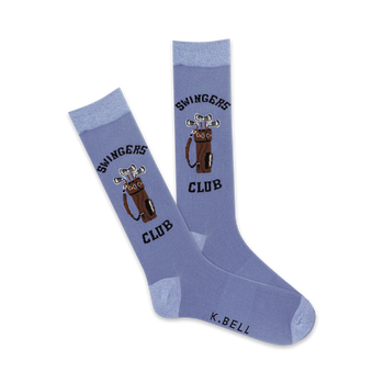 blue socks with brown and white details, featuring the words "swingers club" and a golf bag with three clubs. perfect for the golf-loving man.  