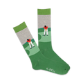 Pair of green crew socks with a grey cuff and a golfer graphic. The golfer is depicted putting on a green putting surface.