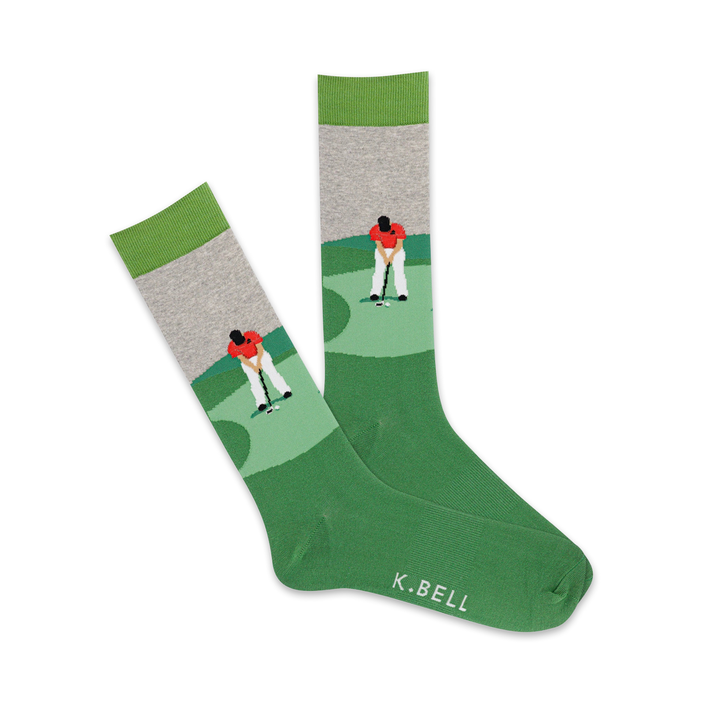 Pair of green crew socks with a grey cuff and a golfer graphic. The golfer is depicted putting on a green putting surface.