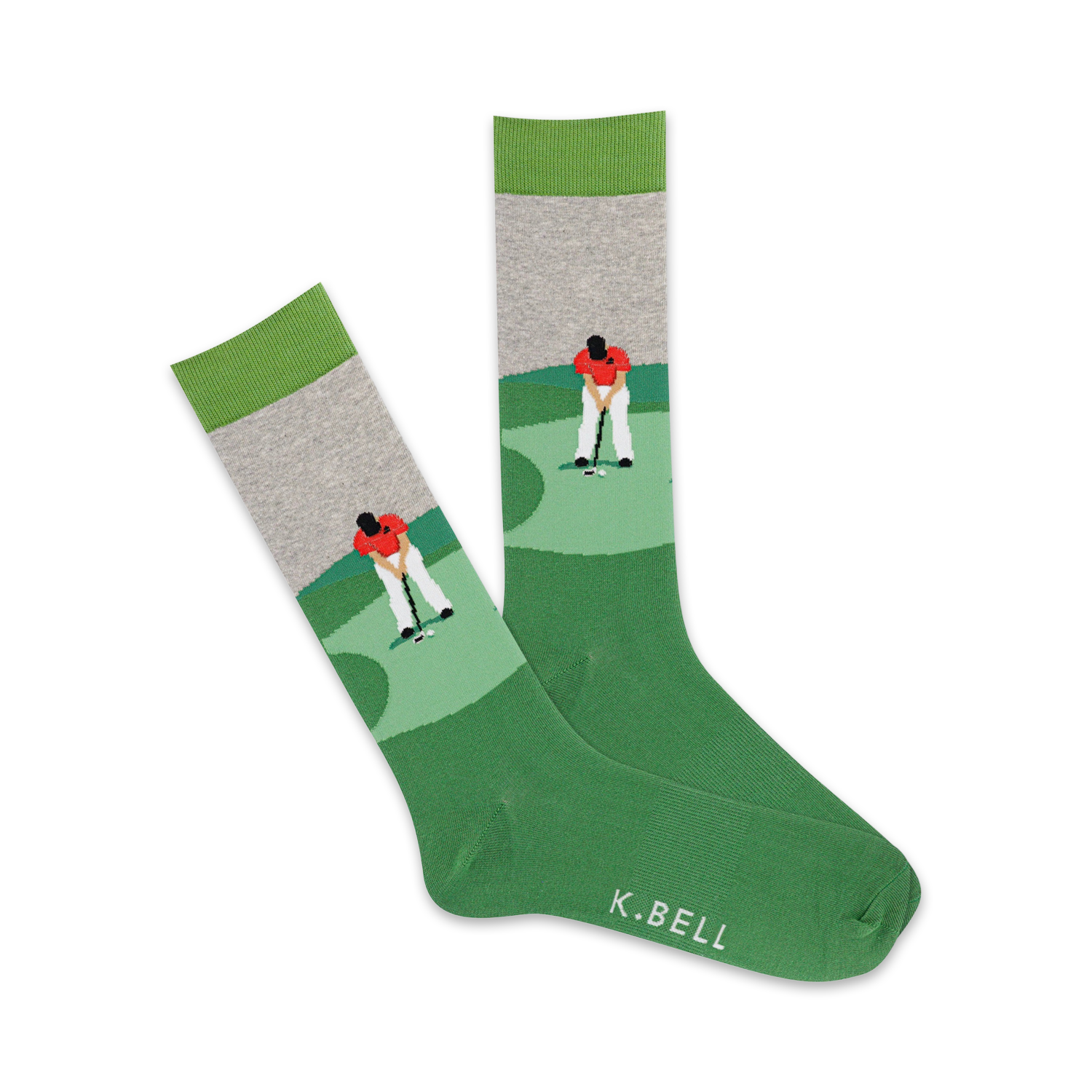 Pair of green crew socks with a grey cuff and a golfer graphic. The golfer is depicted putting on a green putting surface.