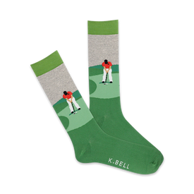 dark green crew socks with a gray cuff and light green toe. pattern of a golfer in a red shirt and khaki pants putting on a golf course.  