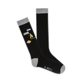 Pair of black knee-high socks with a grey cuff. Features a monkey emoji, banana, and text bubble graphic that says "Monkey Business!"