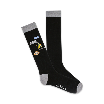 black crew socks with gray toes, heels, and cuffs featuring a sassy monkey holding a banana and a cell phone with text bubble saying "monkey business?".  