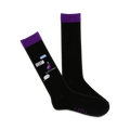 Pair of black crew socks with purple cuffs. Features a text message design with an eggplant emoji, saying 'Midnight snack?'