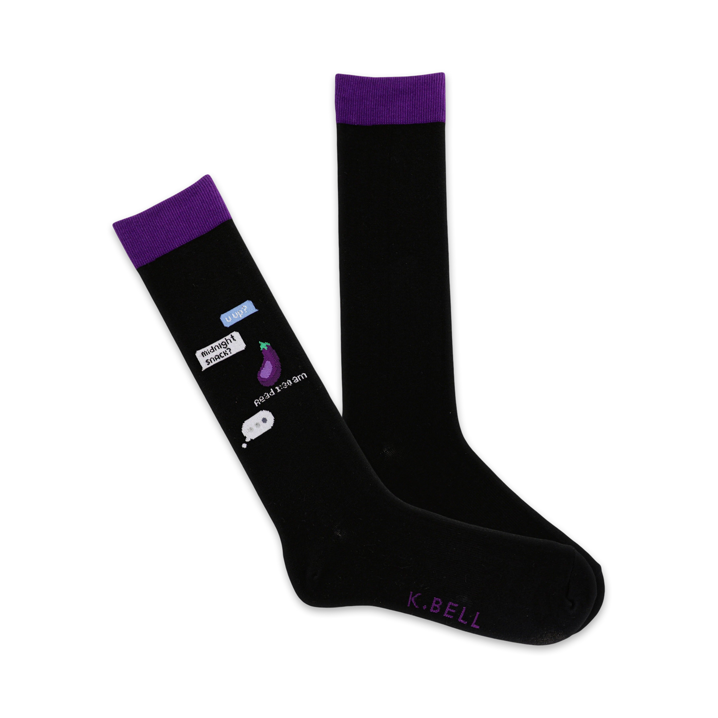 Pair of black crew socks with purple cuffs. Features a text message design with an eggplant emoji, saying 'Midnight snack?'
