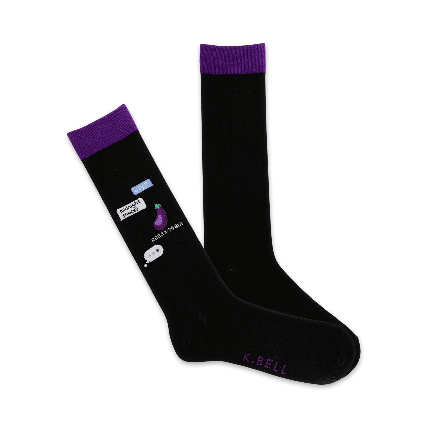 Pair of black crew socks with purple cuffs. Features a text message design with an eggplant emoji, saying 'Midnight snack?'