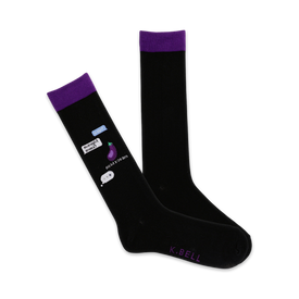 black men's crew socks with purple toes and heels feature humorous midnight snack text message conversation.  
