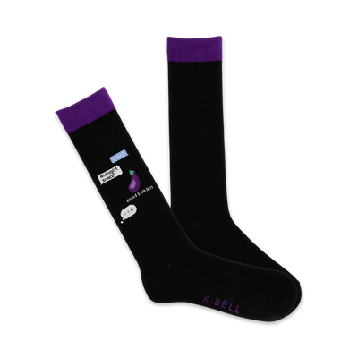 black men's crew socks with purple toes and heels feature humorous midnight snack text message conversation.  