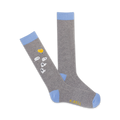 Pair of grey crew socks with light blue cuffs.  Features small ghost illustrations and a yellow 'boo' message on one sock.