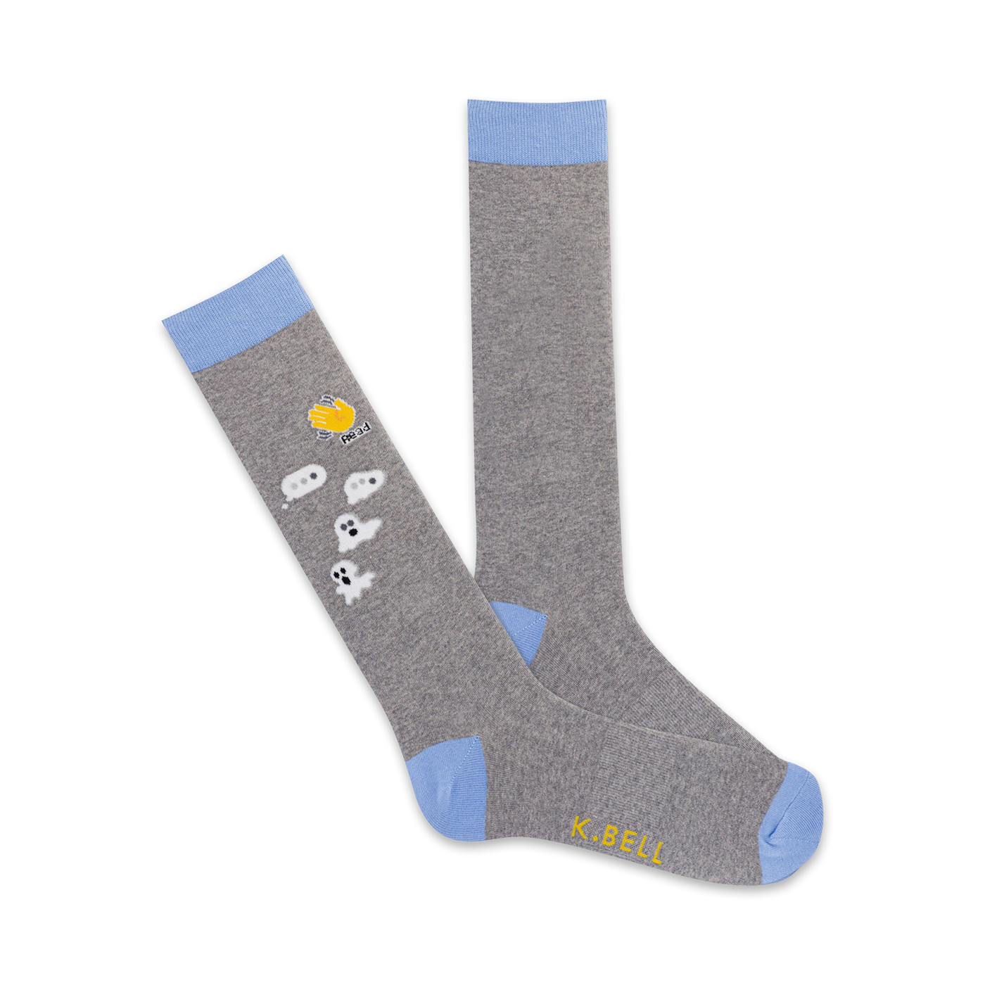 Pair of grey crew socks with light blue cuffs.  Features small ghost illustrations and a yellow 'boo' message on one sock.