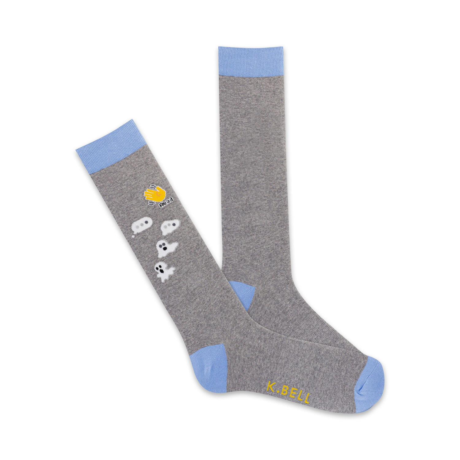 Pair of grey crew socks with light blue cuffs.  Features small ghost illustrations and a yellow 'boo' message on one sock.