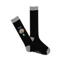 A pair of black crew socks with a grey cuff. One sock shows a design of two beer steins and the words 'Happy Hour is Calling' with an 'accept' button.