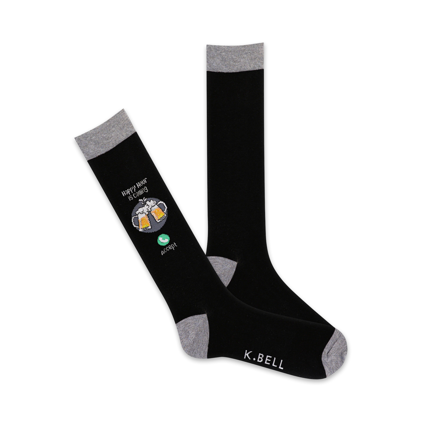 A pair of black crew socks with a grey cuff. One sock shows a design of two beer steins and the words 'Happy Hour is Calling' with an 'accept' button.
