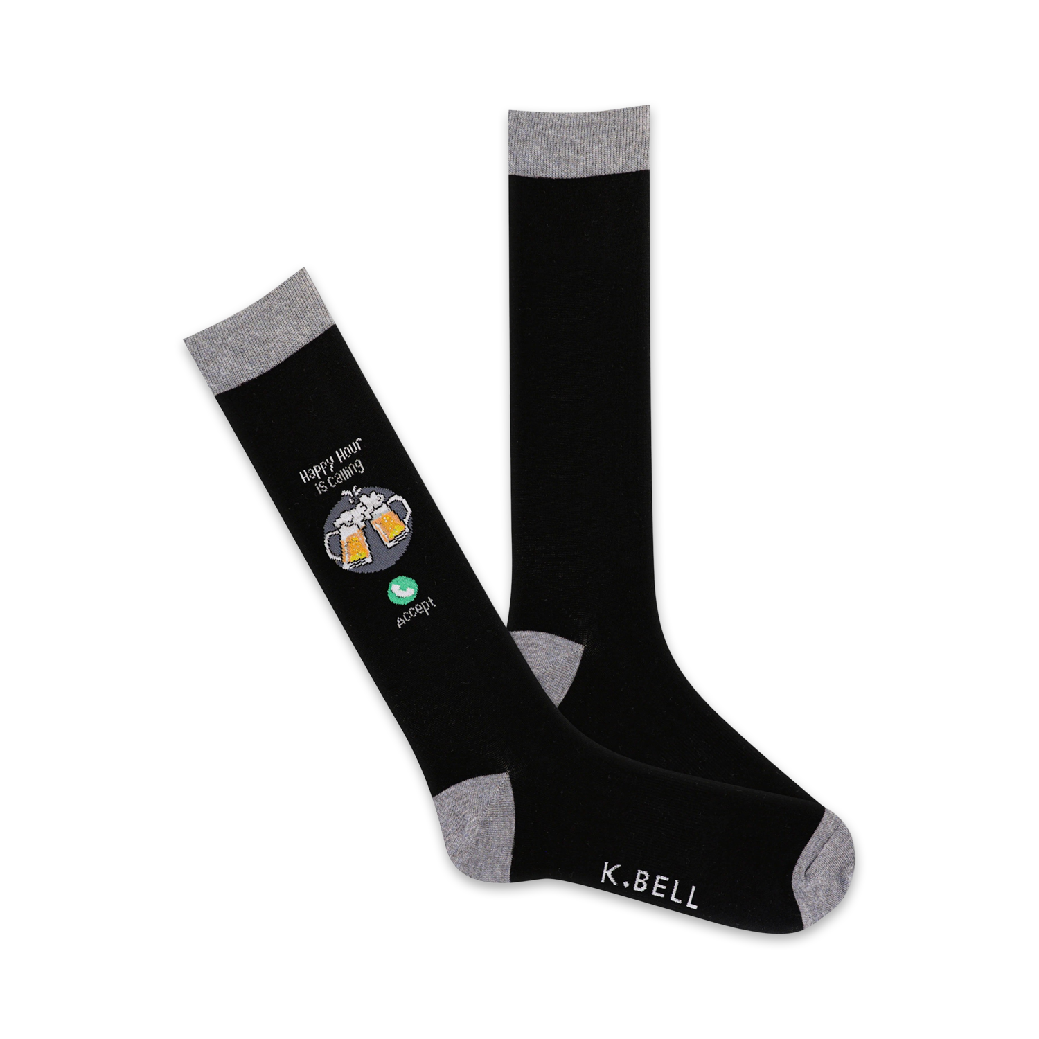 A pair of black crew socks with a grey cuff. One sock shows a design of two beer steins and the words 'Happy Hour is Calling' with an 'accept' button.
