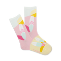 Pair of crew socks in pink, mint green, and yellow. Features a geometric design with stylized feather patterns.