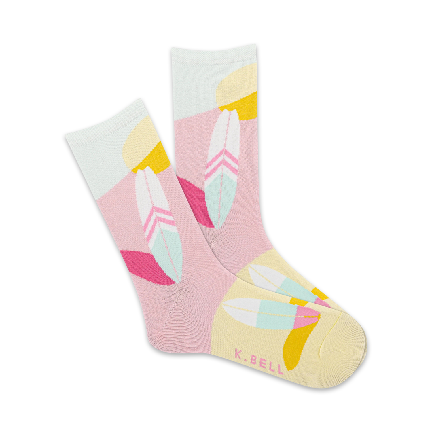 Pair of crew socks in pink, mint green, and yellow. Features a geometric design with stylized feather patterns.