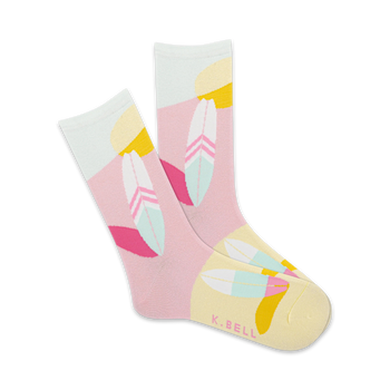 summer vibes ride the wave in these pink and yellow geometric surfboards womens' crew socks with surfboards and feathers.   