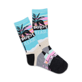 Pair of crew socks with a beach theme. Light blue, pink, and black colors. Design includes palm trees, 'Beach Please' text, and a vintage car graphic.