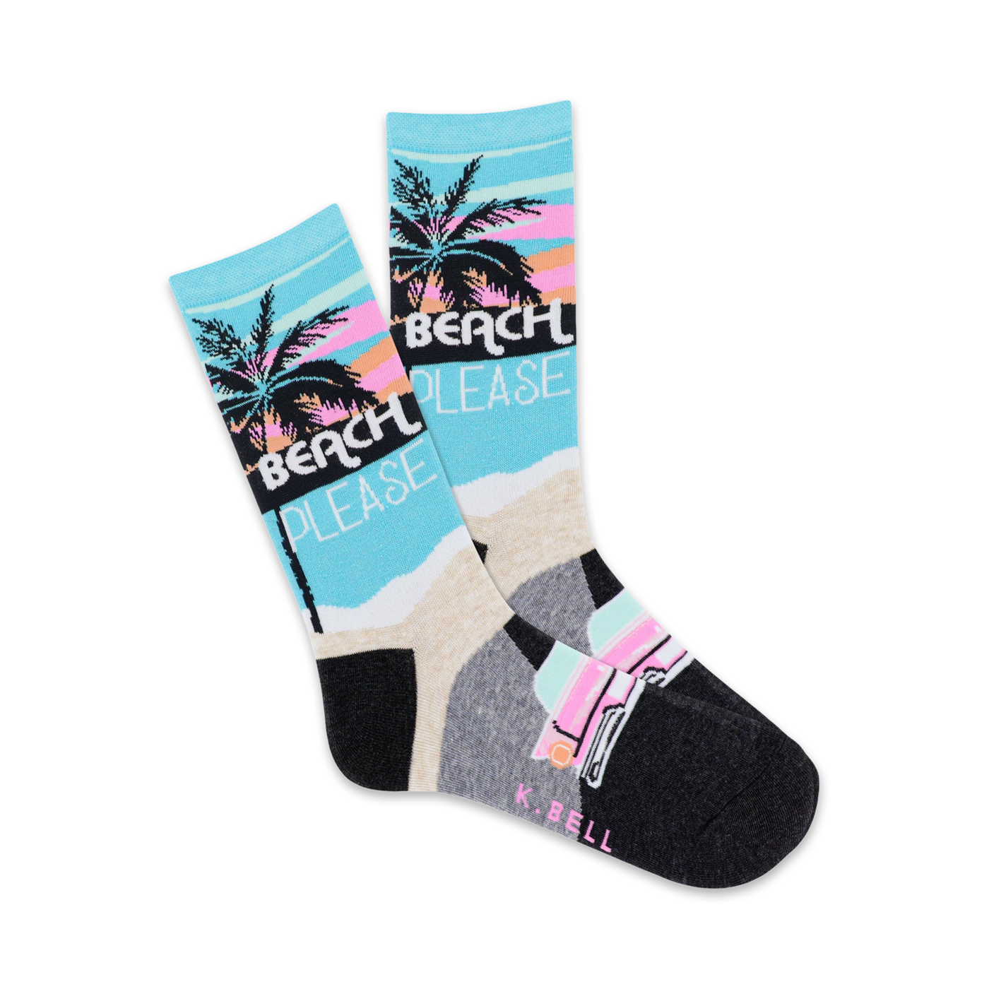 Pair of crew socks with a beach theme. Light blue, pink, and black colors. Design includes palm trees, 'Beach Please' text, and a vintage car graphic.